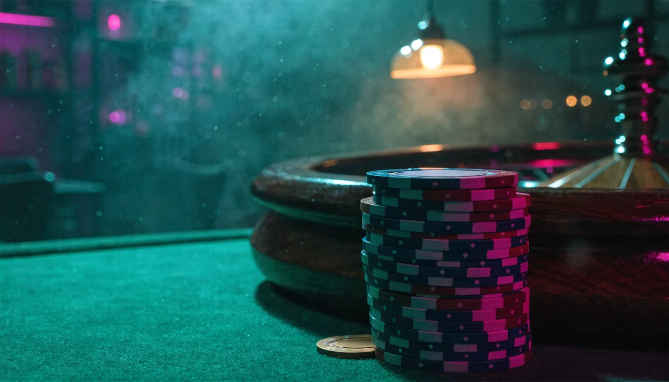 Stapel bunter Casino-Chips auf einem grünen Filztisch mit Roulette-Rad im Hintergrund