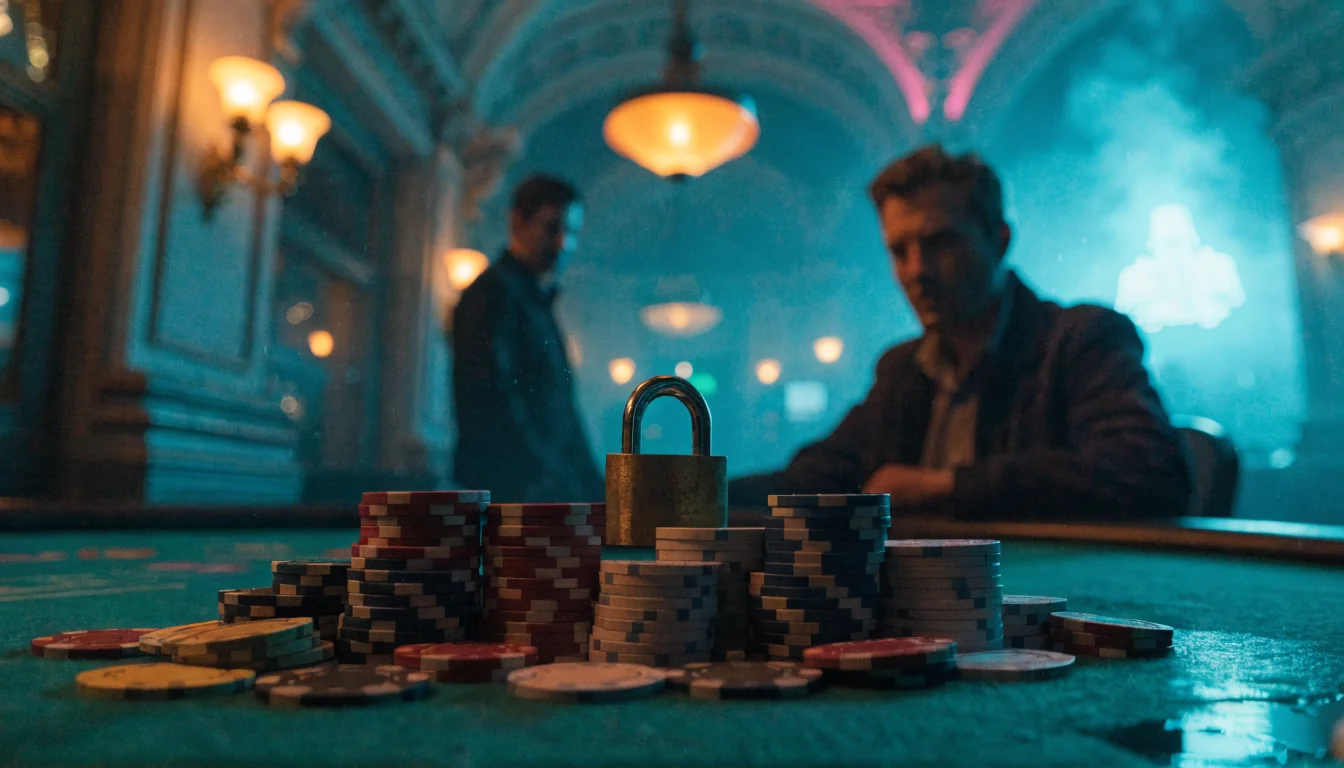 Gestapelte Casino-Chips auf grünem Filz mit Vorhängeschloss in eleganter deutscher Spielbank