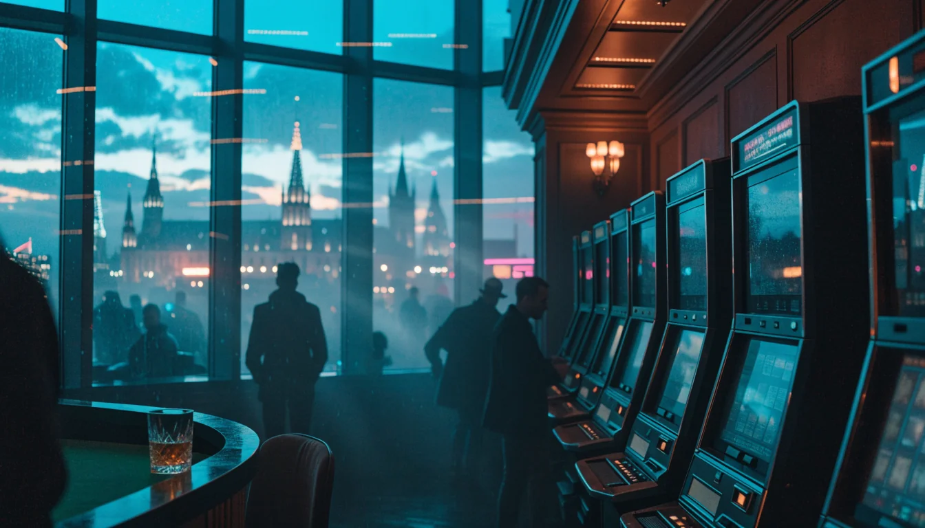 Nachtszene in einem deutschen Casino mit Spielautomaten und Stadtblick durch hohe Fenster