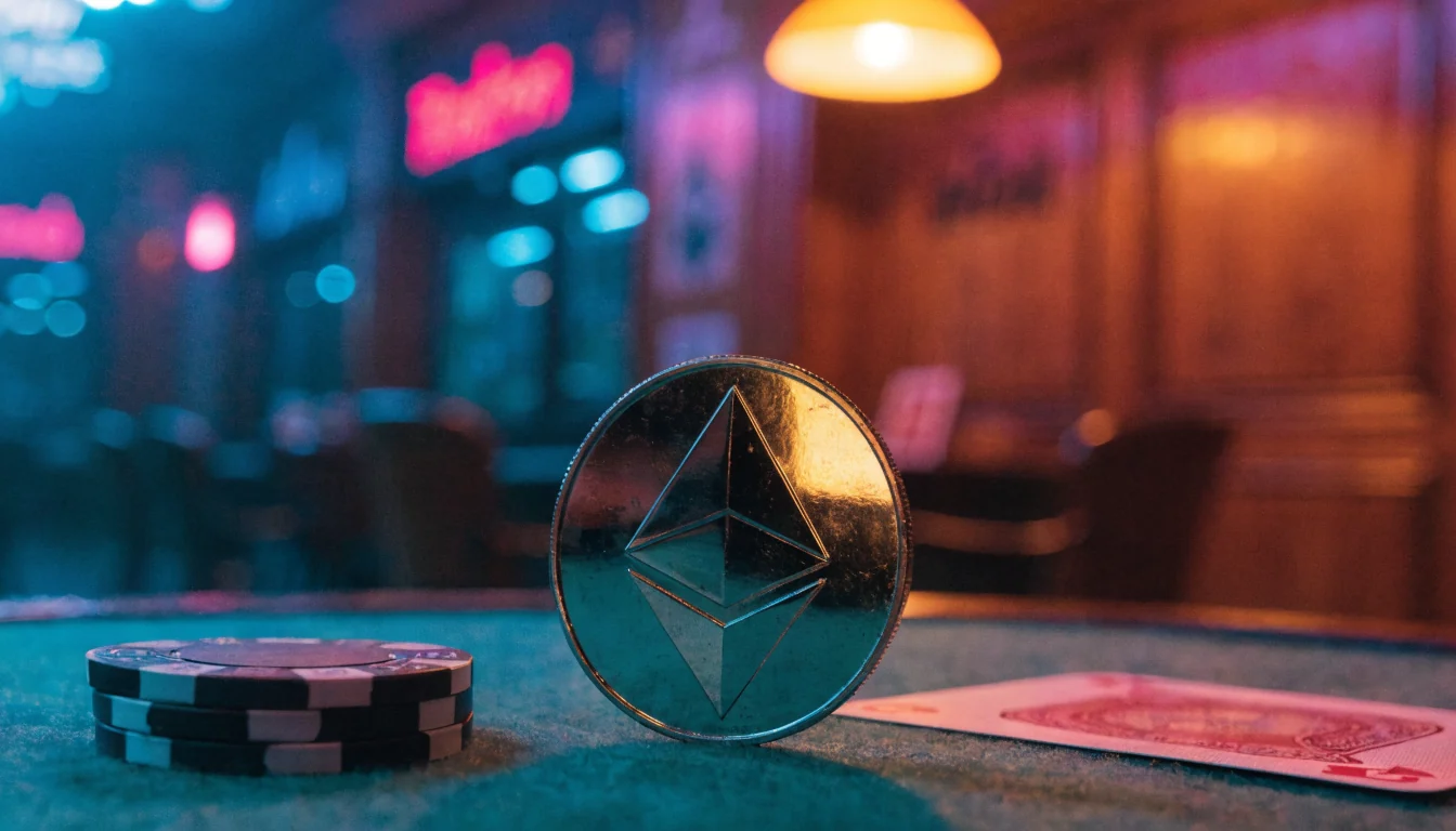 Ethereum-Münze auf einem Casino-Tisch mit Pokerchips und Spielkarte