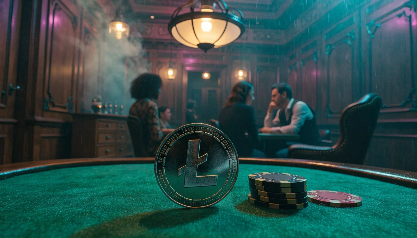 Litecoin-Münze auf Casino-Tisch mit Poker-Jetons im warmen Licht