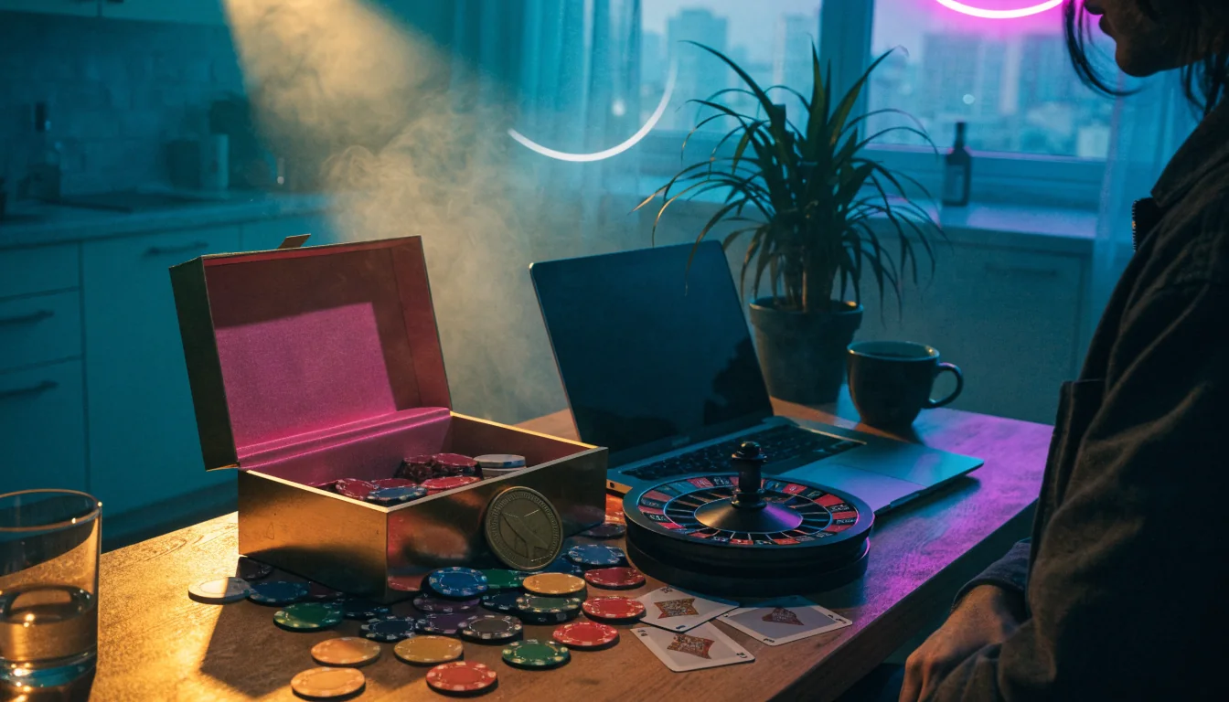 Schreibtisch mit Casino-Chips, Spielkarten, Roulette und einem Geschenkkarton als Willkommensbonus