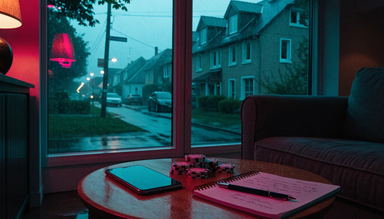 Smartphone, Casino-Jetons und Notizbuch auf einem Couchtisch in einem deutschen Wohnzimmer