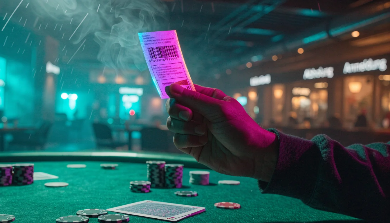 Spieler hält einen Gutschein über einem Casino-Tisch mit Chips