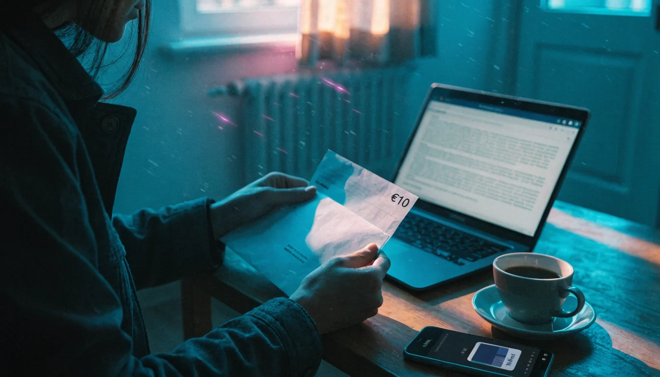 Person öffnet Umschlag mit 10-Euro-Symbol neben Laptop mit Kleingedrucktem