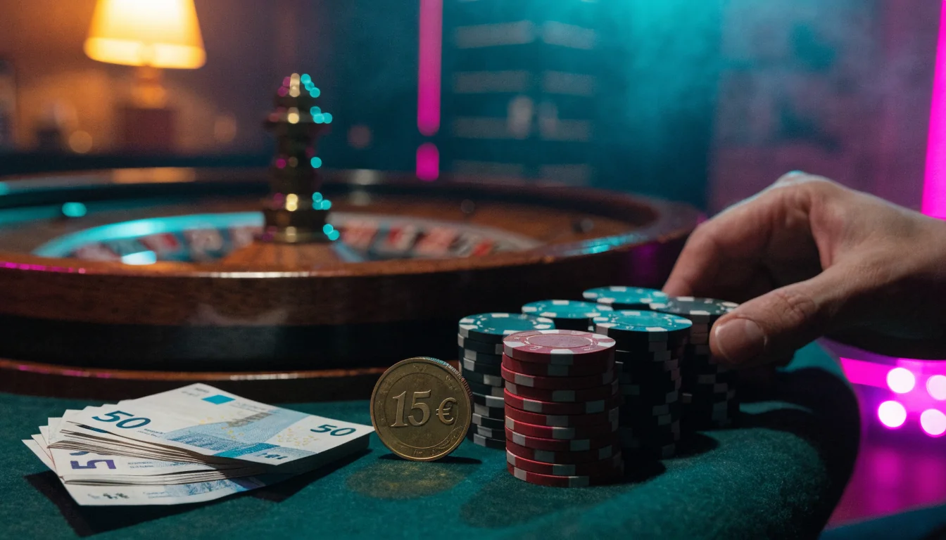 Casino-Tisch mit Chips, 15-Euro-Münze und Geldscheinen