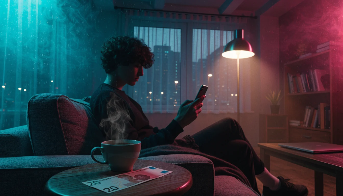 Junge Person abends mit Smartphone, 20-Euro-Schein und Kaffee auf dem Sofa in einer modernen Berliner Wohnung.