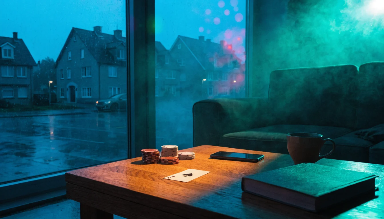 Casino-Chips und Spielkarten auf einem Couchtisch in einer deutschen Wohnung bei Abendlicht