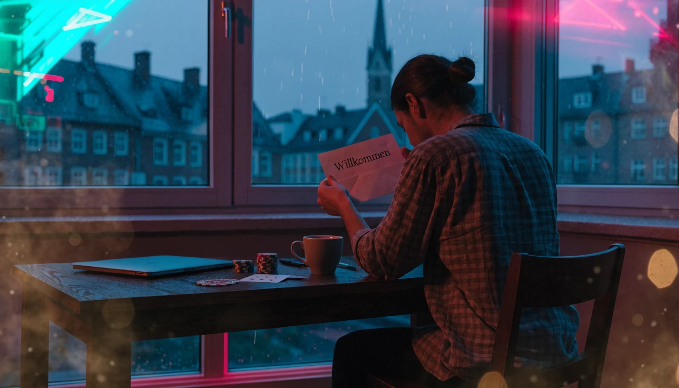 Person am Holztisch prüft einen Willkommensbrief, Spielchips und Karten liegen daneben, deutsche Altstadt durchs Fenster im Abendlicht.