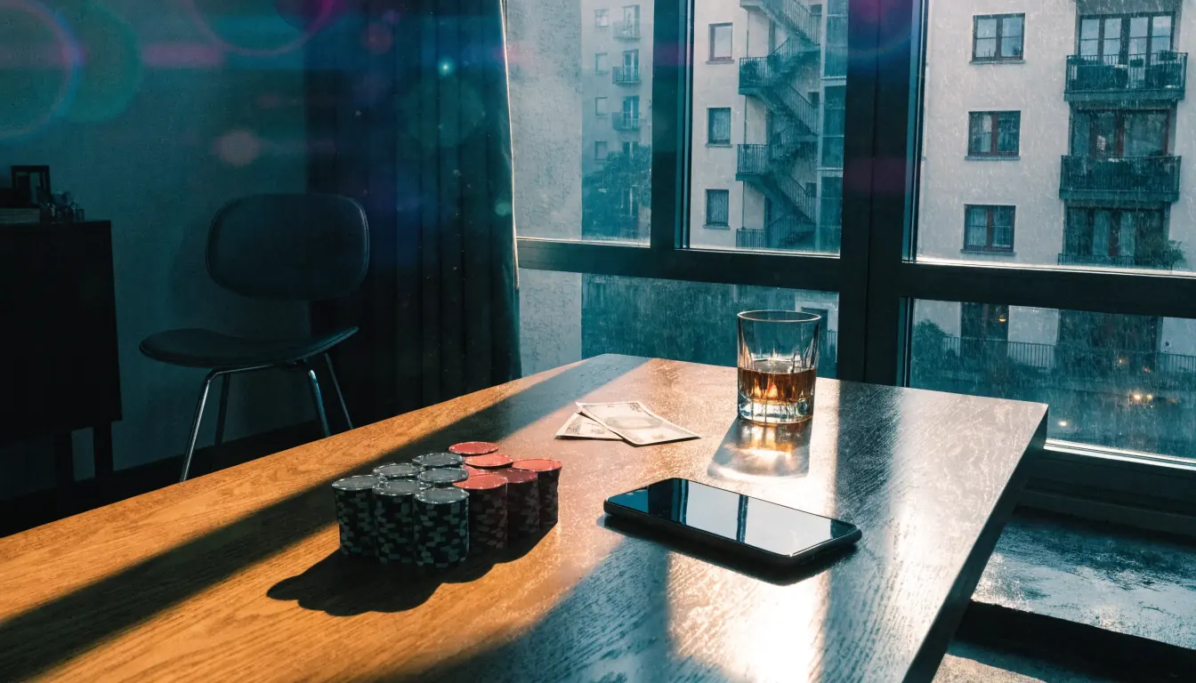 Casino-Chips und Geldscheine auf einem Holztisch in moderner Wohnung, Smartphone verdeckt.