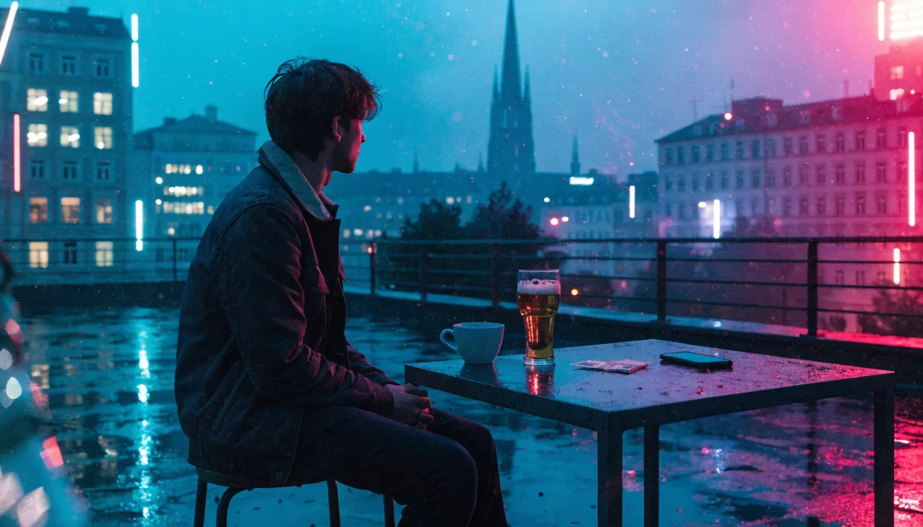Mann auf deutscher Dachterrasse mit Smartphone, Bier und Euro-Scheinen bei Dämmerung