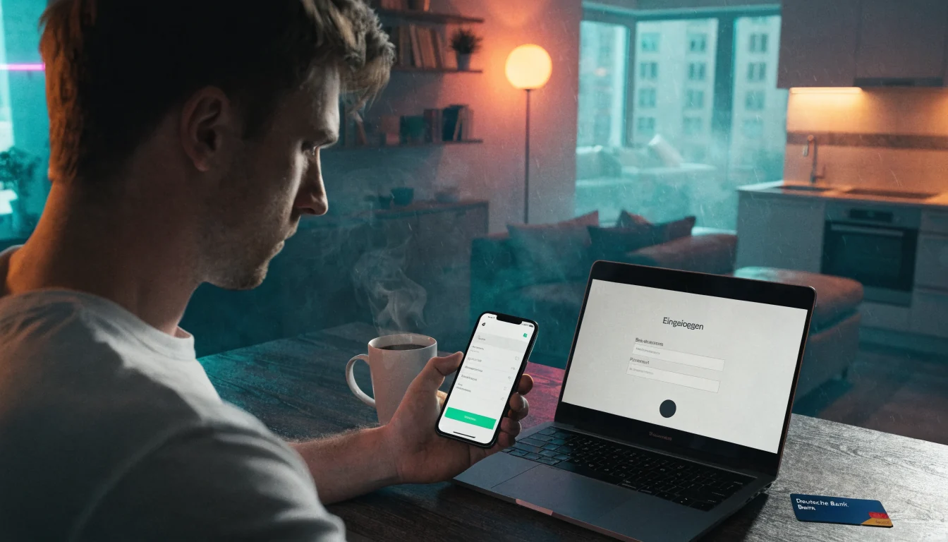 Junger Mann am Schreibtisch mit Smartphone und Laptop, Online-Banking in deutscher Wohnung