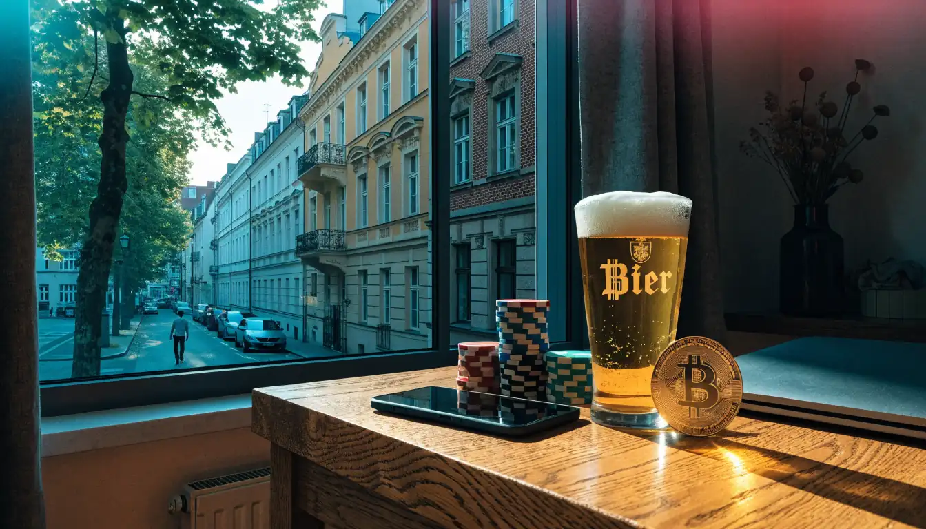 Bitcoin-Münze und Spielchips neben Smartphone auf Holztisch in Berliner Altbau-Wohnung