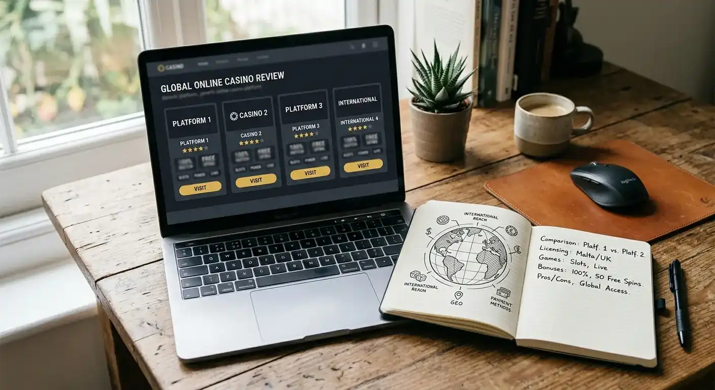 Vergleich internationaler Casino-Plattformen am Schreibtisch