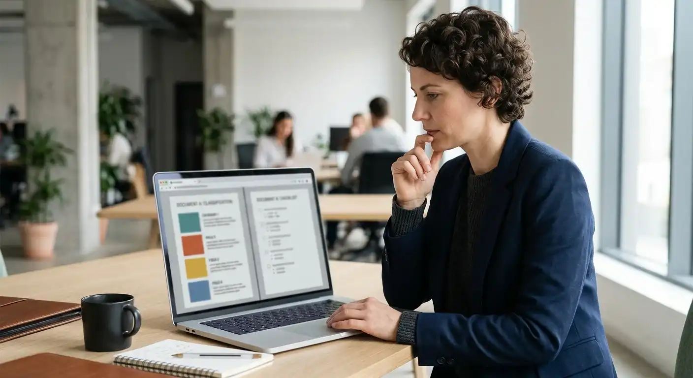 Person vergleicht internationale und deutsche Lizenzinformationen am Laptop