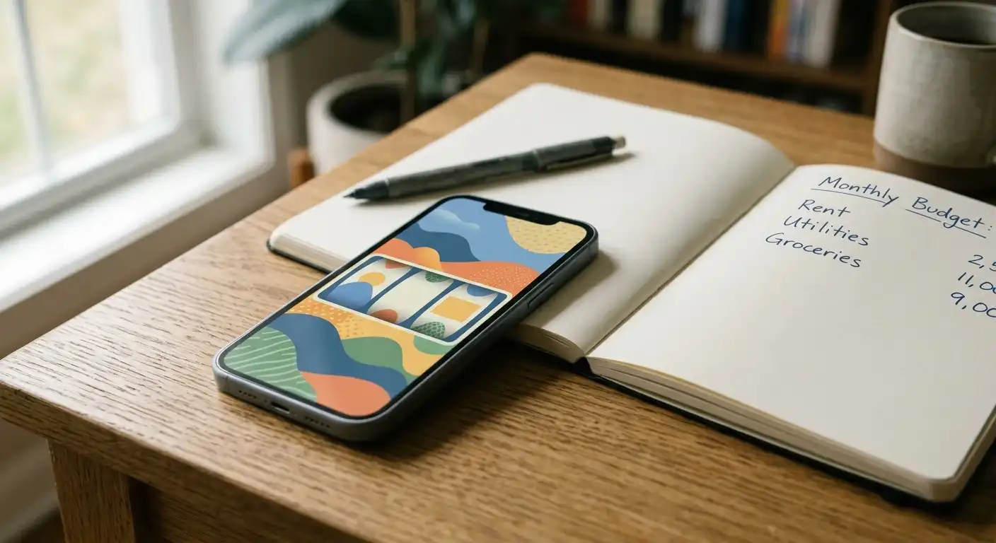 Smartphone mit abstrakten bunten Spielautomaten-Symbolen neben einem Notizbuch
