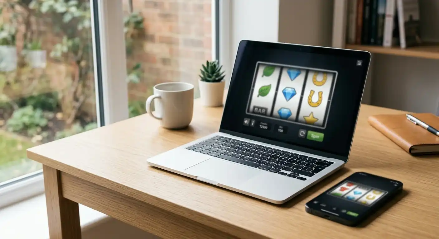 Smartphone und Laptop mit neutraler Demo- und Echtgeld-Spielansicht