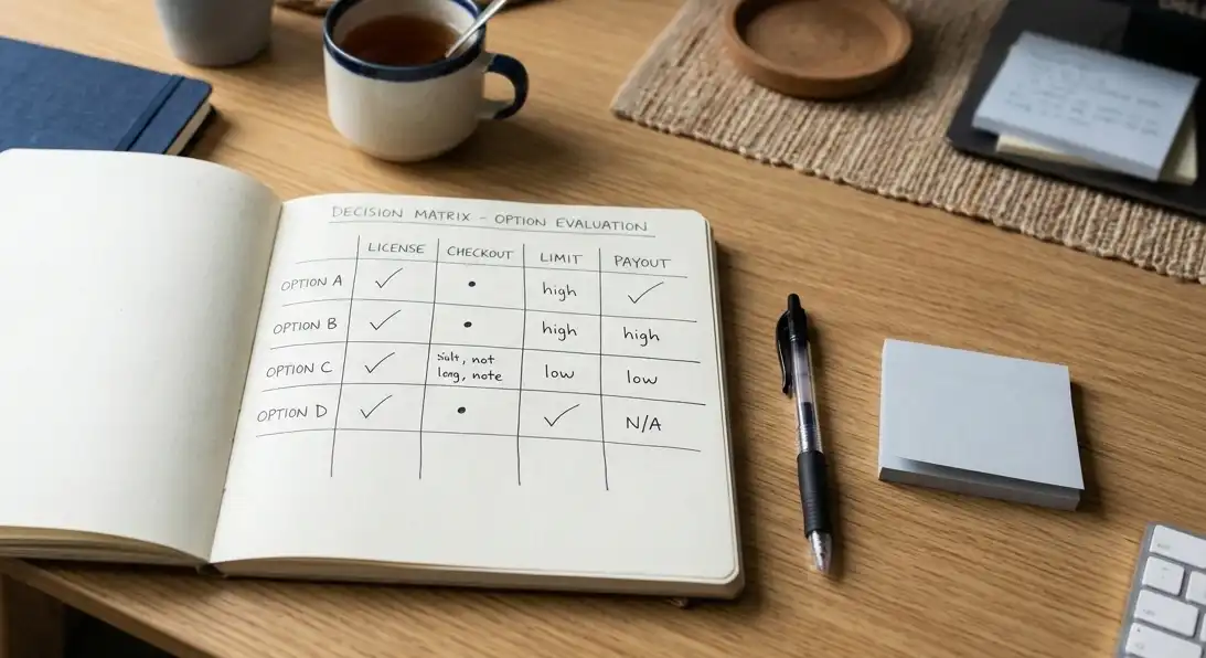 Handschriftliche Entscheidungsmatrix mit Lizenz, Kasse, Limit und Auszahlung