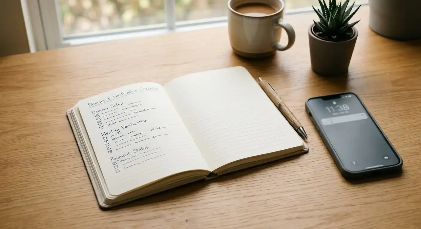 Checkliste mit Domain, KYC und Zahlungsstatus neben einem Smartphone