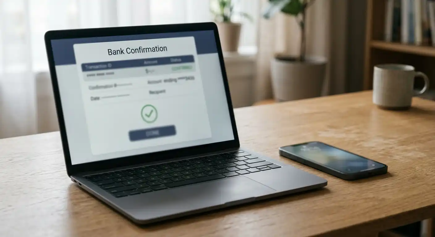 Bankfenster mit neutraler Klarna-Zahlungsbestätigung am Laptop