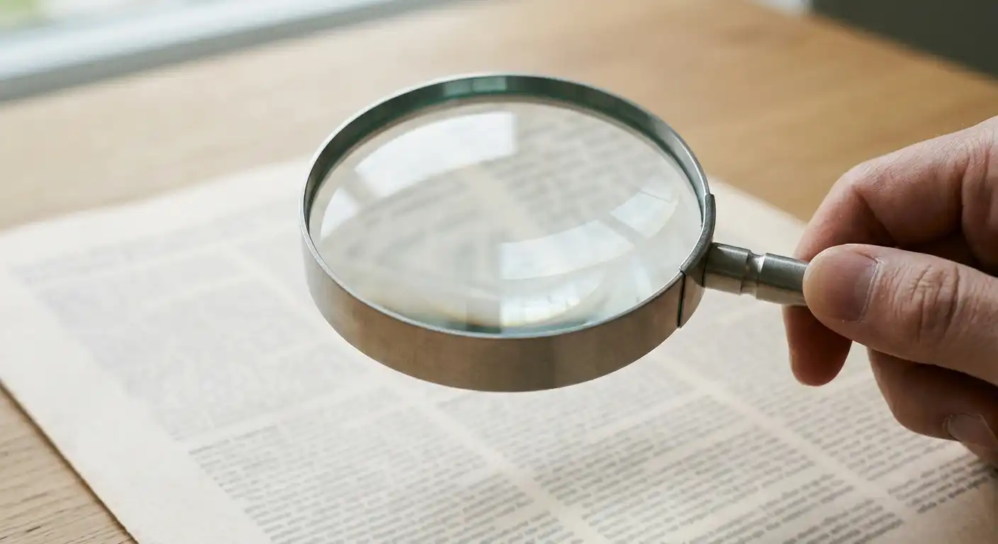 Lupe über einem gedruckten Vertragsdokument mit kleiner Schrift