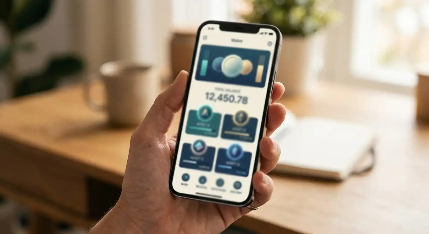 Smartphone mit geöffneter Krypto-Wallet und mehreren Coins vor neutralem Hintergrund