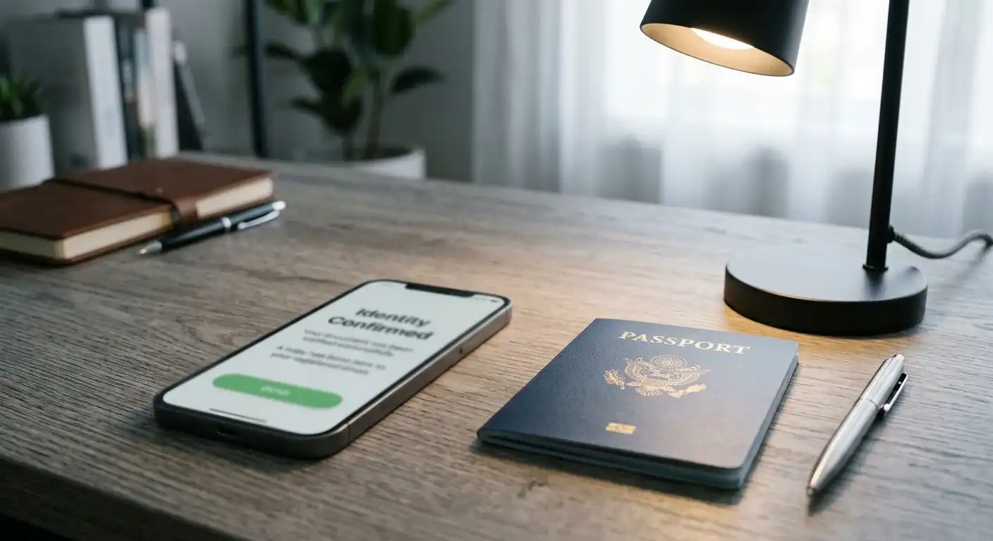 Auszahlungs-Bestätigung auf einem Smartphone-Bildschirm, daneben ein Reisepass zur Identitätsprüfung