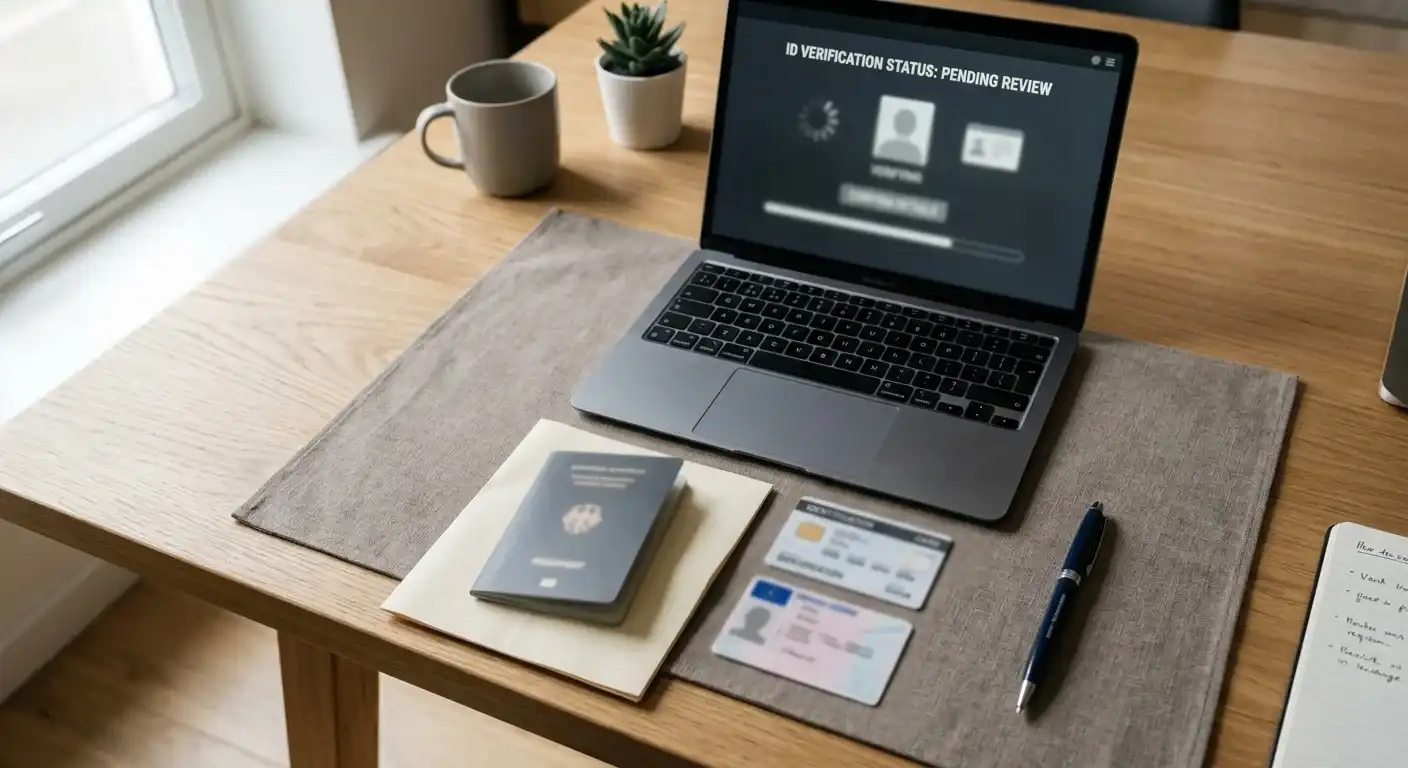 Ordentlich geordnete Identitätsunterlagen neben einem Laptop in ruhigem Tageslicht