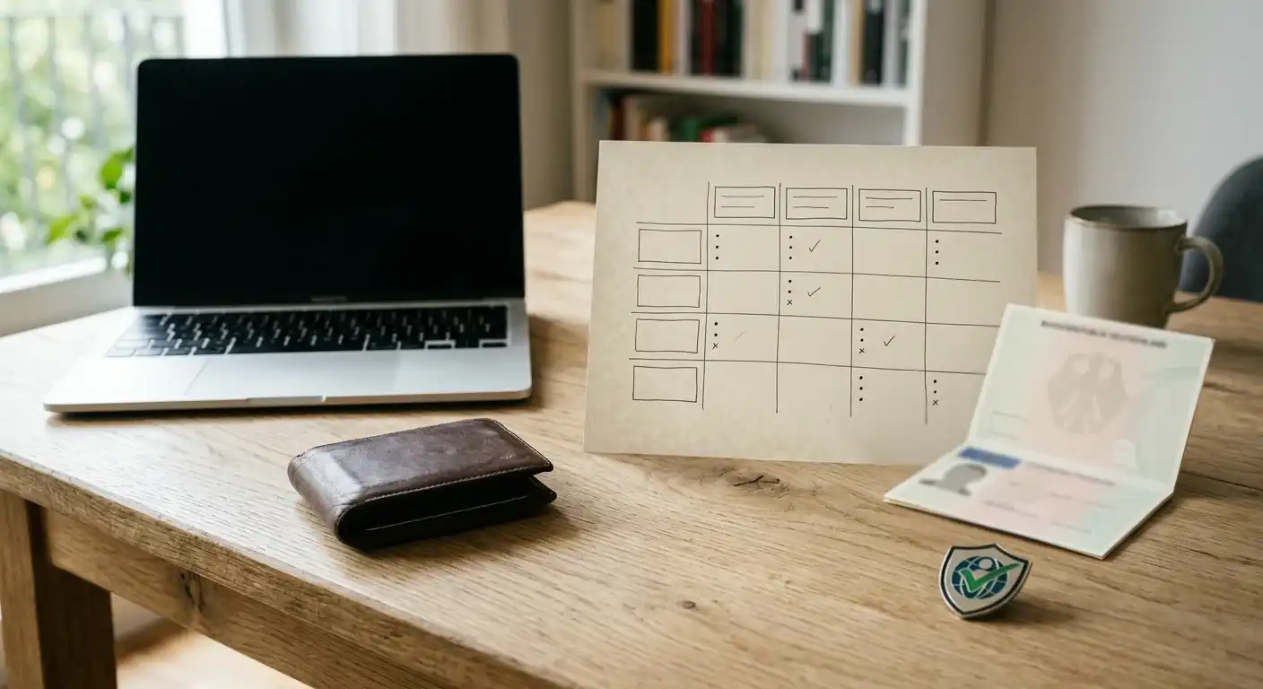 Neutrale Entscheidungsmatrix mit Wallet, Lizenzdokument und Spielerschutzsymbolen