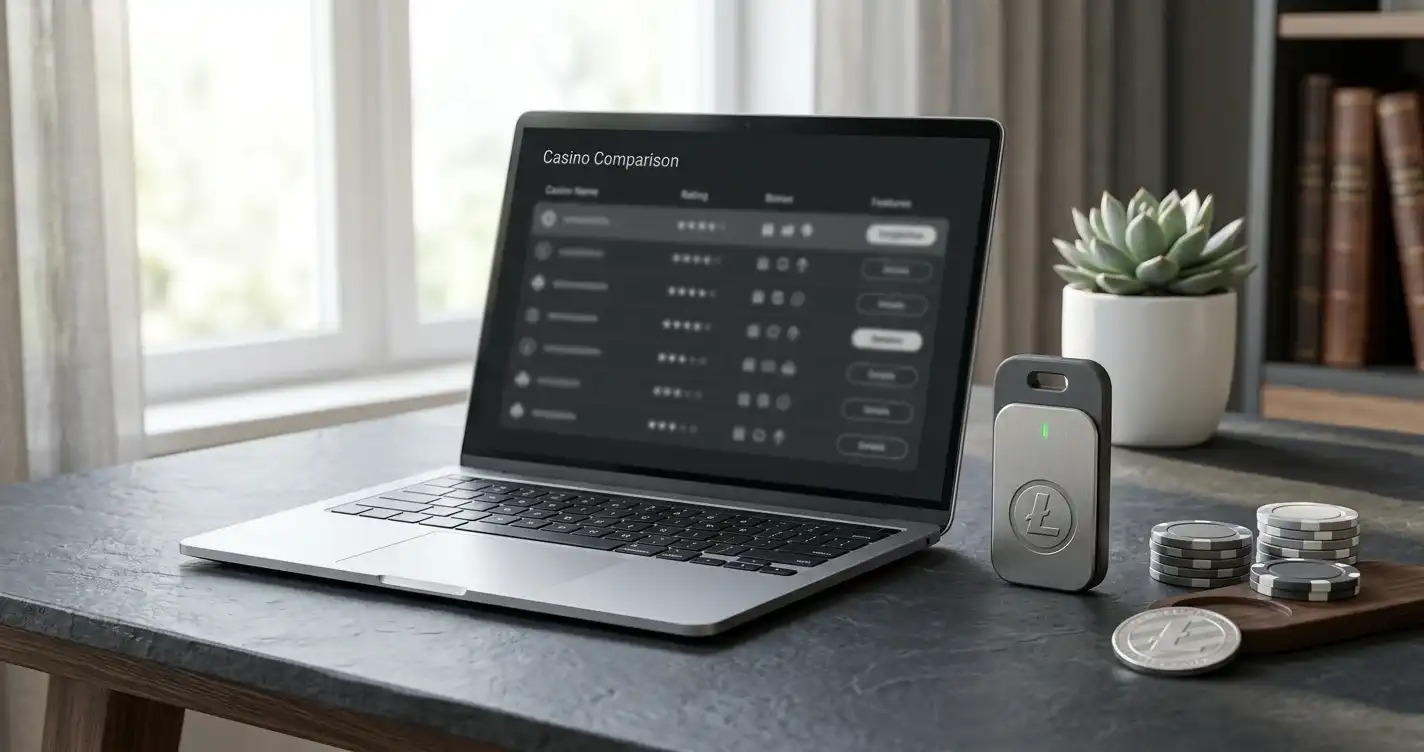 Litecoin-Casino-Vergleich mit Laptop, Wallet-Symbol und neutralen Casinokarten