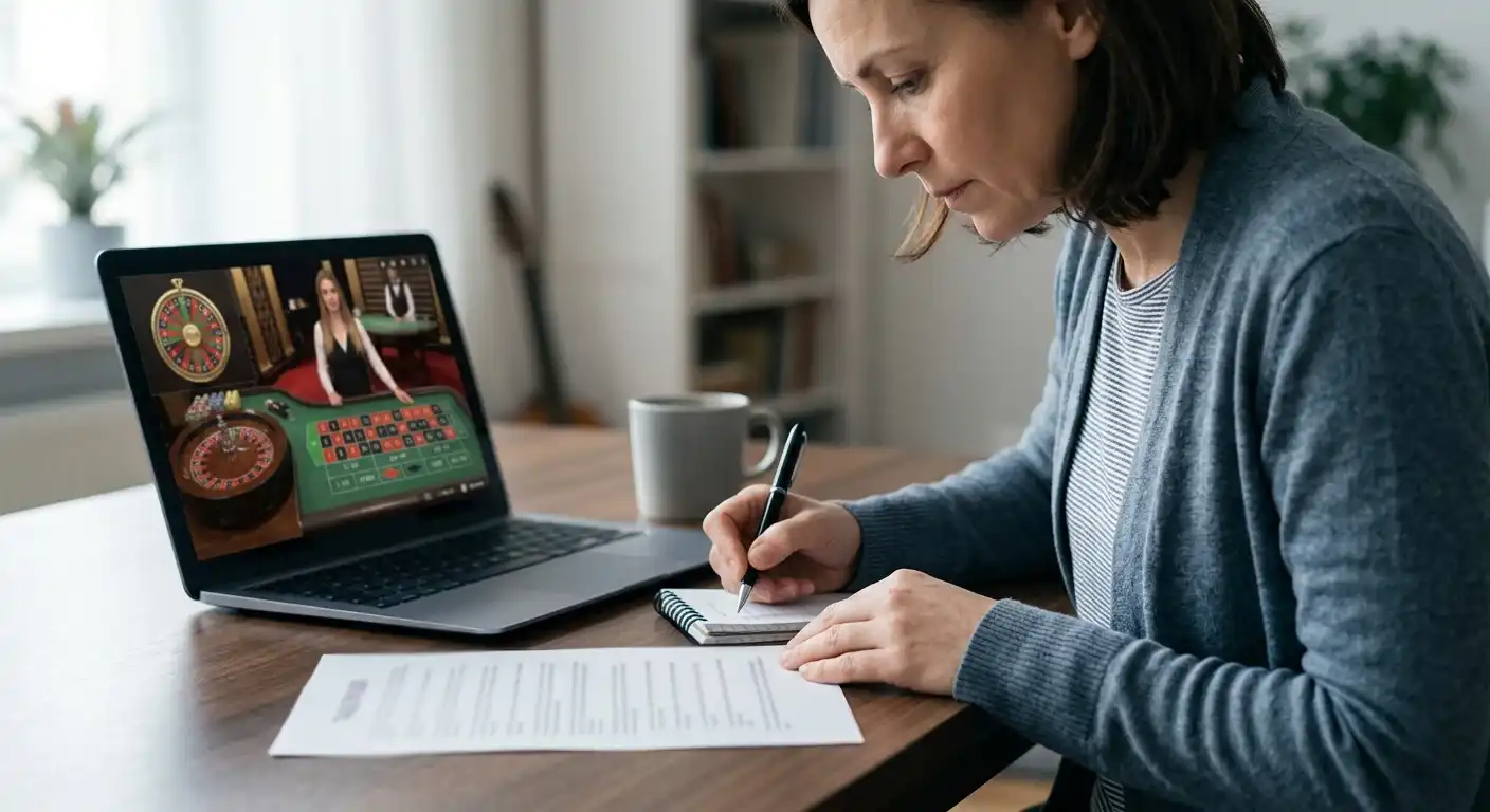 Spieler prüft Live-Casino-Tischregeln und Limits