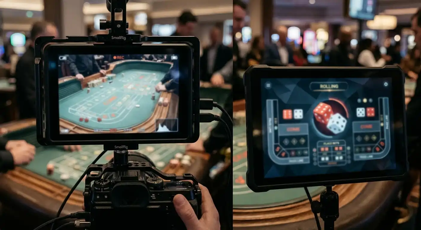 Live-Craps-Tisch mit neutraler Kameraansicht und anonymisierten Bedienelementen