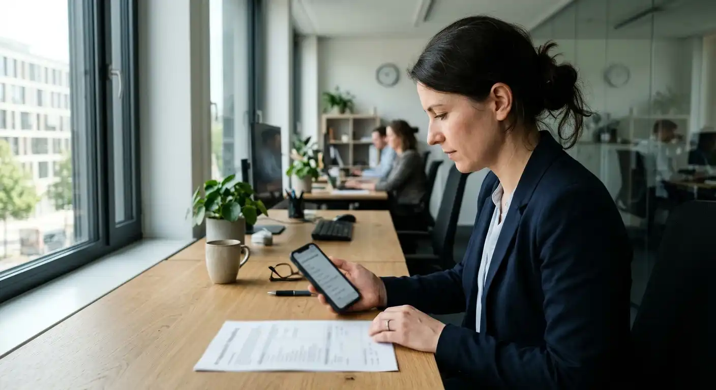 Person mit Stift, Smartphone und neutraler Lizenz-Checkliste am Schreibtisch