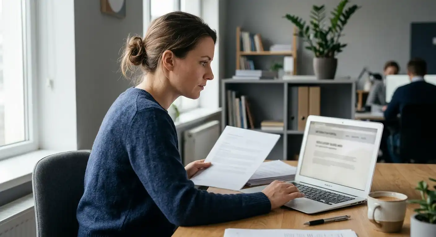 Person gleicht neutrale Lizenzunterlagen und eine Webadresse am Laptop ab
