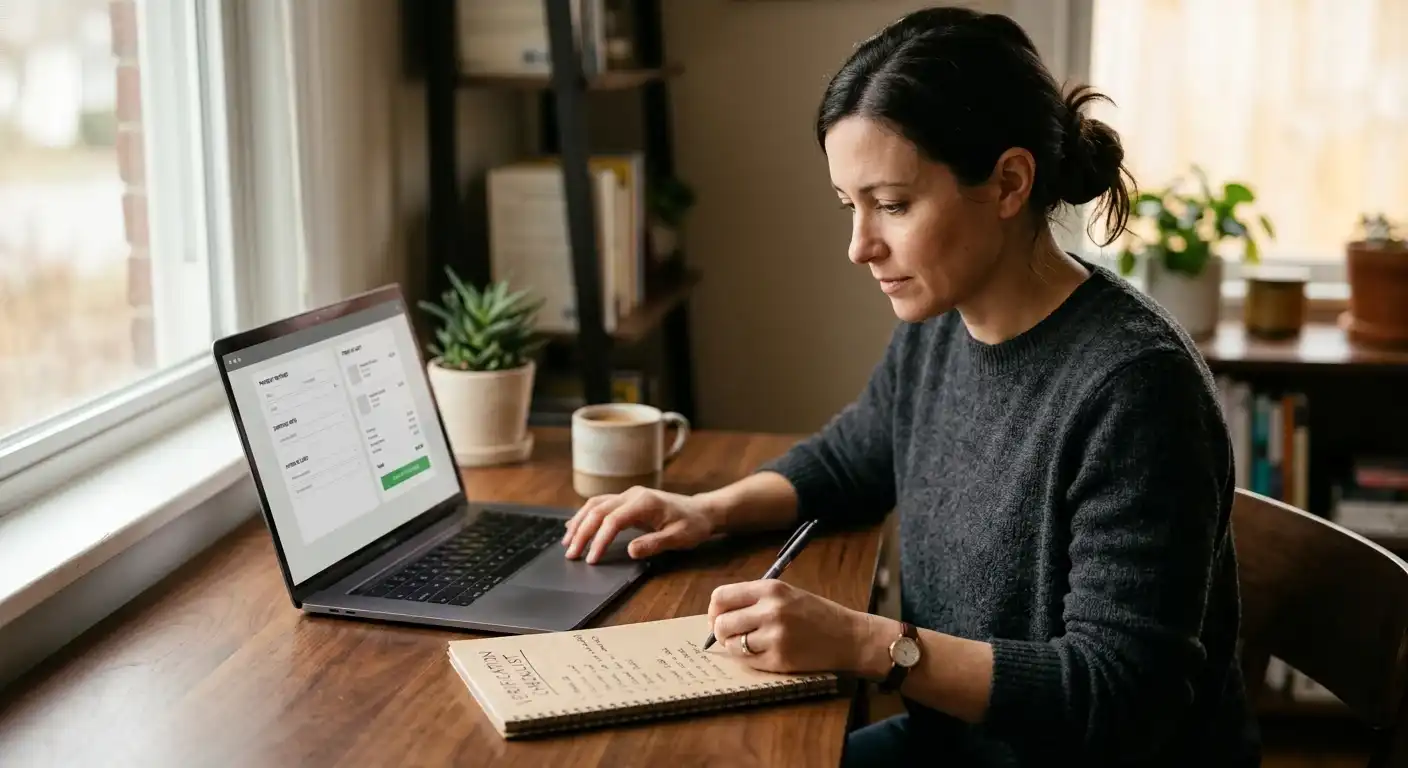 Person am Laptop mit Notizblock während einer sicheren Online-Zahlung