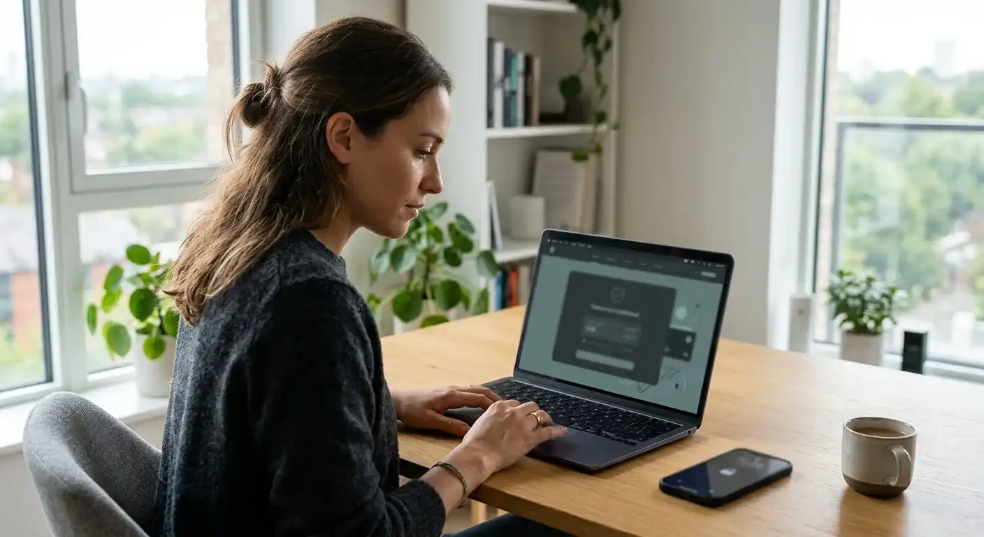 Person bestätigt eine eWallet-Zahlung an einem Laptop ohne sichtbare Markenlogos