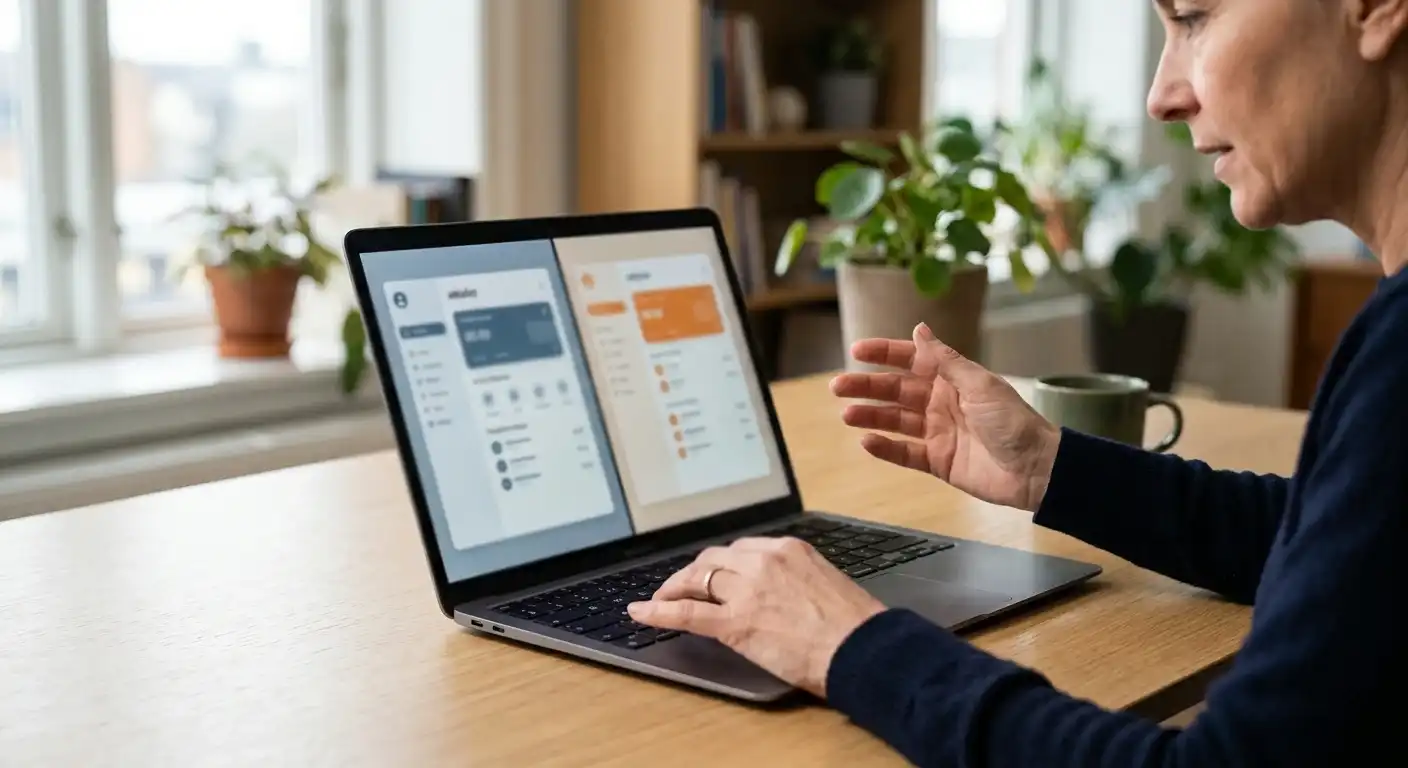 Person vergleicht zwei neutrale Zahlungsoptionen auf einem Laptop