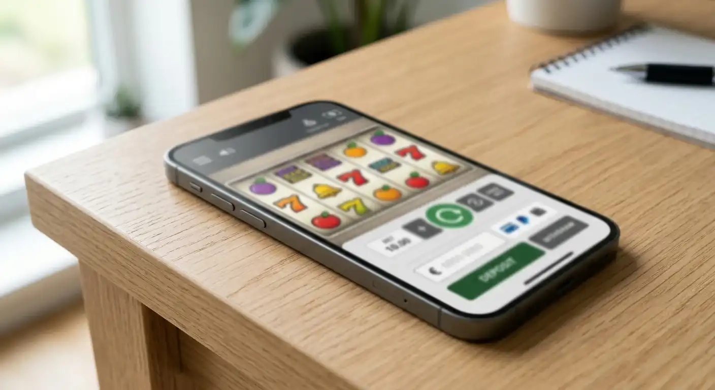 Neutrale Spielautomaten-Oberfläche auf einem Mobiltelefon ohne Marken oder erkennbare Spiele