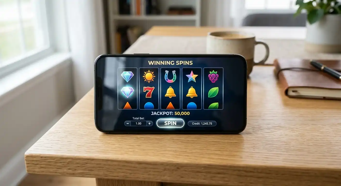 Smartphone mit neutraler Spielautomatenoberfläche und sicherem Login