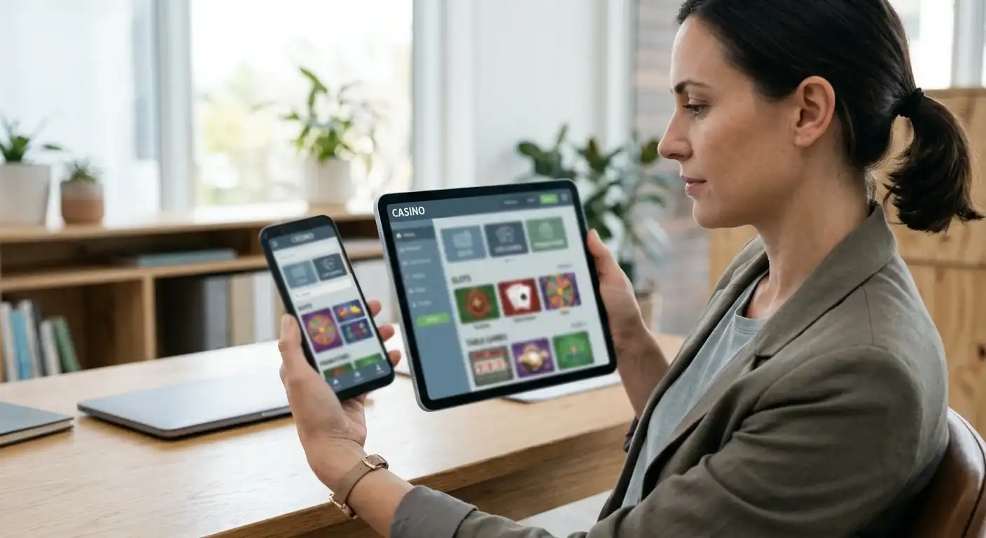 Person prüft eine mobile Web-App auf Smartphone und Tablet