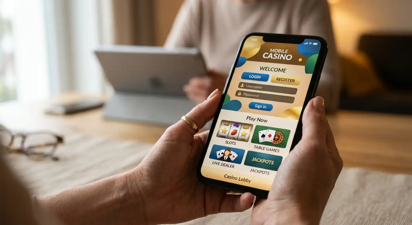 Smartphone mit mobiler Echtgeld-Lobby und Spielinfo