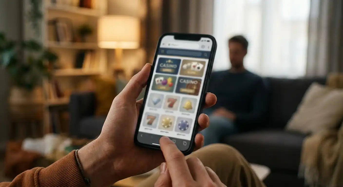 Hand hält ein Smartphone mit geöffneter mobiler Casino-Oberfläche im Browser