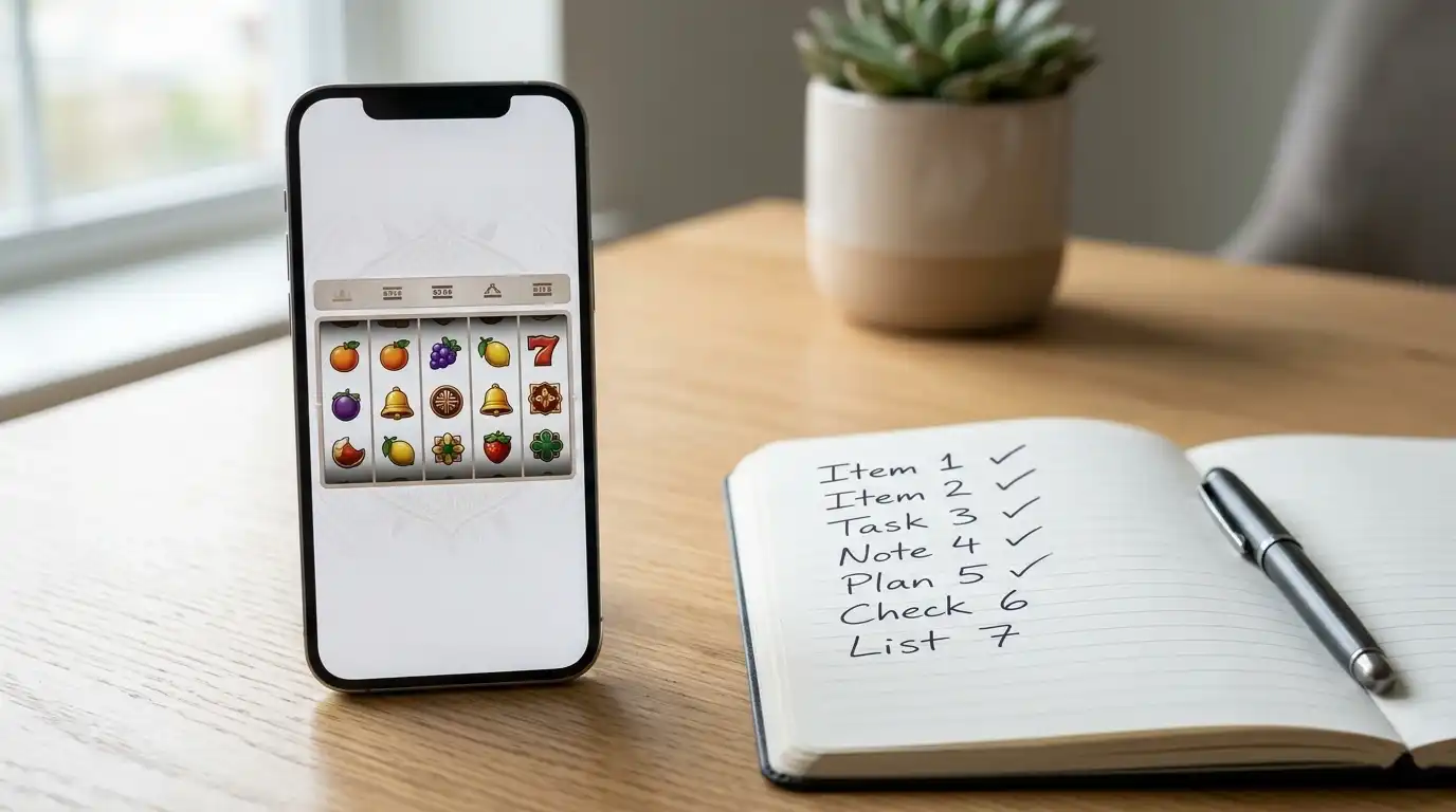 Smartphone mit neutraler Spielautomaten-Oberfläche neben einer handschriftlichen Prüfliste