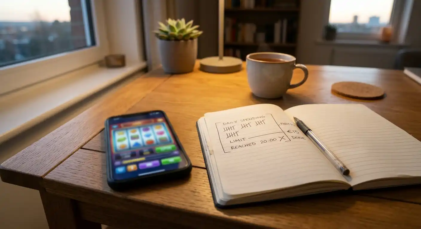 Smartphone mit neutraler Spielautomaten-Oberfläche neben einem begrenzten Spielbudget