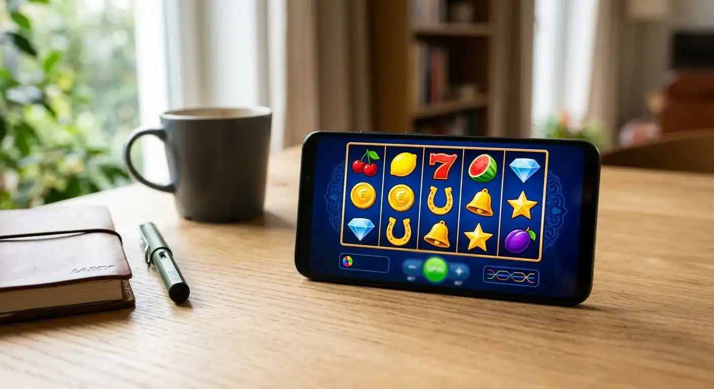 Neutrale Walzen eines Spielautomaten auf einem Smartphone ohne Markenlogo