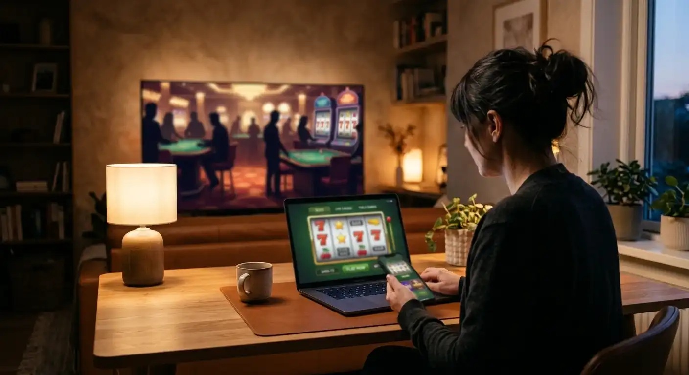 Laptop und Smartphone mit neutraler Darstellung von Spielautomaten und Live-Casino