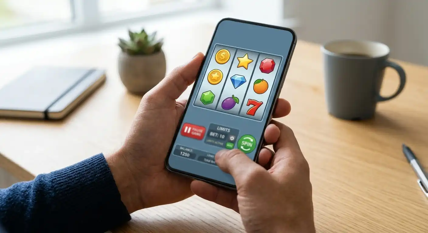 Smartphone mit mobiler Spielautomaten-Oberfläche und Pausenoptionen