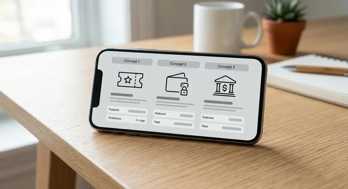 Drei neutrale Zahlungswege auf einem Smartphone: Gutschein, Wallet und Bankkonto