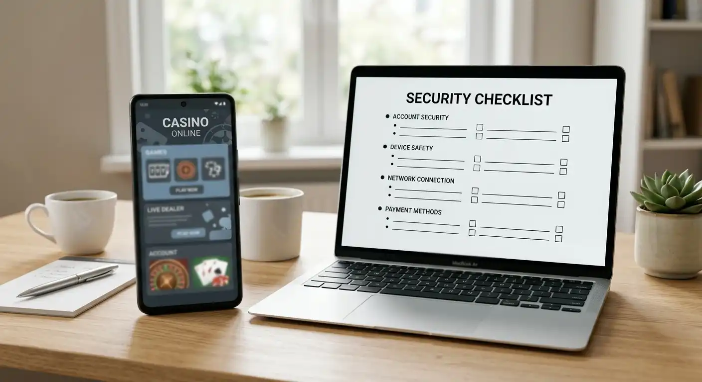 Smartphone mit neutraler Casino-Webansicht neben sicheren Zahlungshinweisen