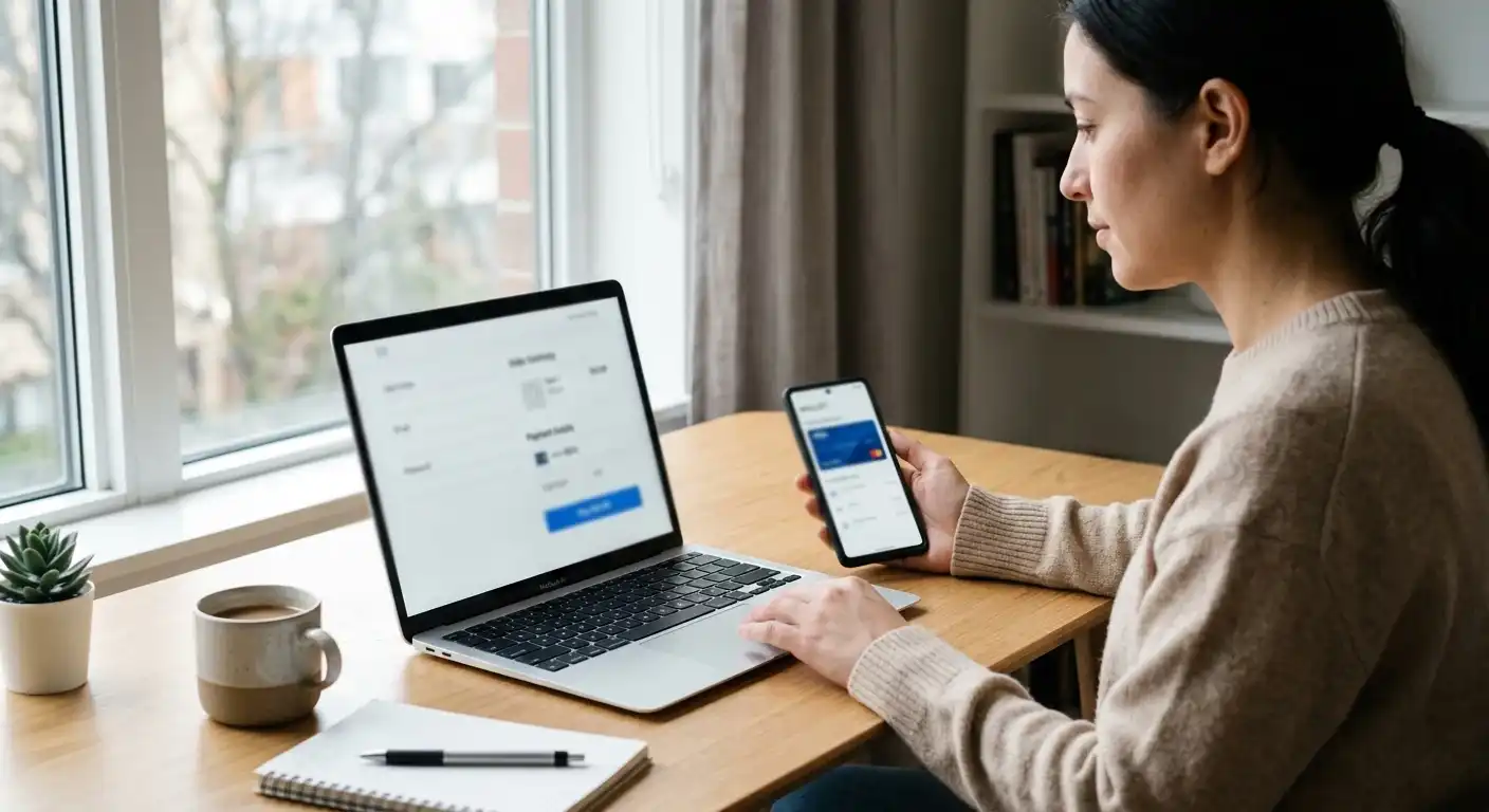 Person prüft MuchBetter-Kassenschritte auf Laptop und Smartphone